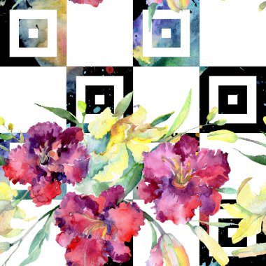 Sarı ve kahverengi lilyum çiçek buketi. Suluboya arka plan illüstrasyon küme. Sorunsuz arka plan deseni.