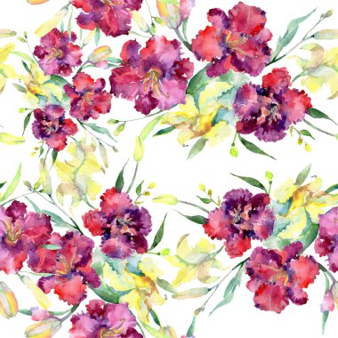 Sarı ve kahverengi lilyum çiçek buketi. Suluboya arka plan illüstrasyon küme. Sorunsuz arka plan deseni.