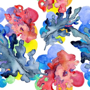 Kırmızı ve mavi su sualtı doğa mercan kayalığı. Suluboya resim kümesi. Sorunsuz arka plan deseni.