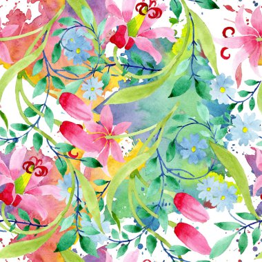 Pembe ve mavi çiçek botanik çiçek süsleme. Suluboya arka plan illüstrasyon küme. Sorunsuz arka plan deseni.