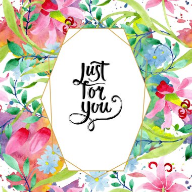 Pembe ve mavi çiçek botanik çiçek süsleme. Suluboya arka plan illüstrasyon küme. Çerçeve kenarlığı süsleme Meydanı.