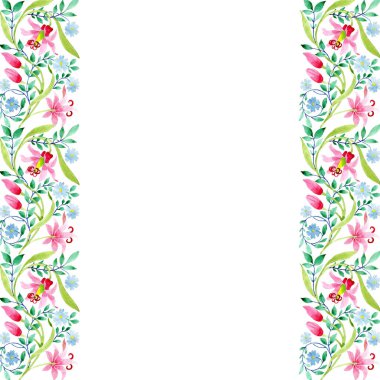 Pembe ve mavi çiçek botanik çiçek süsleme. Suluboya arka plan illüstrasyon küme. Çerçeve kenarlığı süsleme Meydanı.