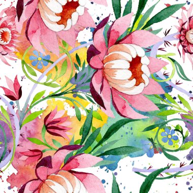 Pembe lotus süsleme botanik çiçek. Suluboya arka plan illüstrasyon küme. Sorunsuz arka plan deseni.