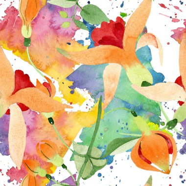 Kırmızı turuncu fuşya botanik çiçek. Suluboya arka plan illüstrasyon küme. Sorunsuz arka plan deseni.