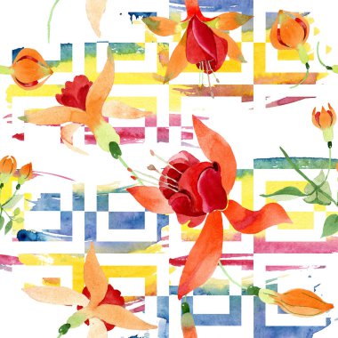 Kırmızı turuncu fuşya botanik çiçek. Suluboya arka plan illüstrasyon küme. Sorunsuz arka plan deseni.