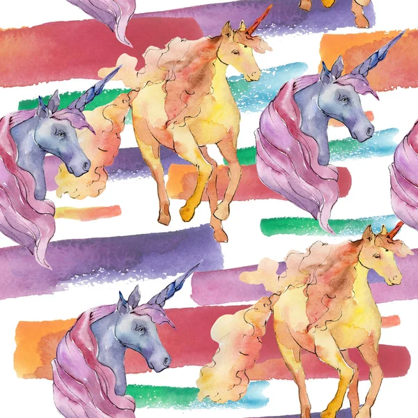 Lindo unicornio caballo animal cuerno carácter. Conjunto de ilustración de fondo acuarela. Patrón de fondo sin costuras . — Foto de Stock