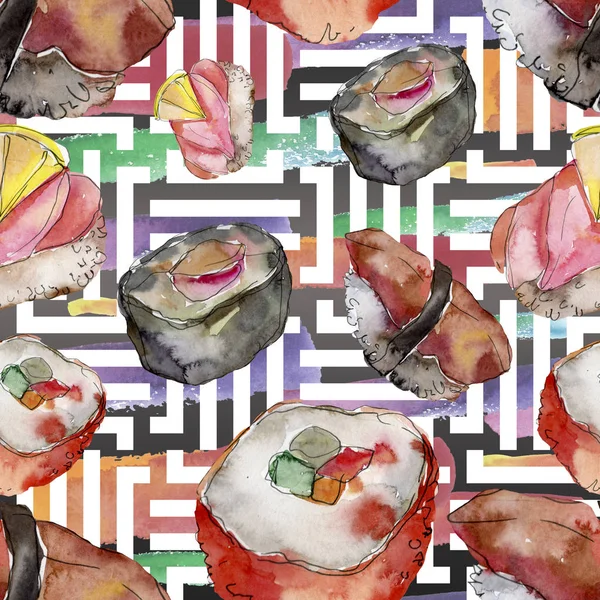 Sada akvarel sushi ilustrace krásné dobré japonské jídlo. Vzor bezešvé pozadí. — Stock fotografie