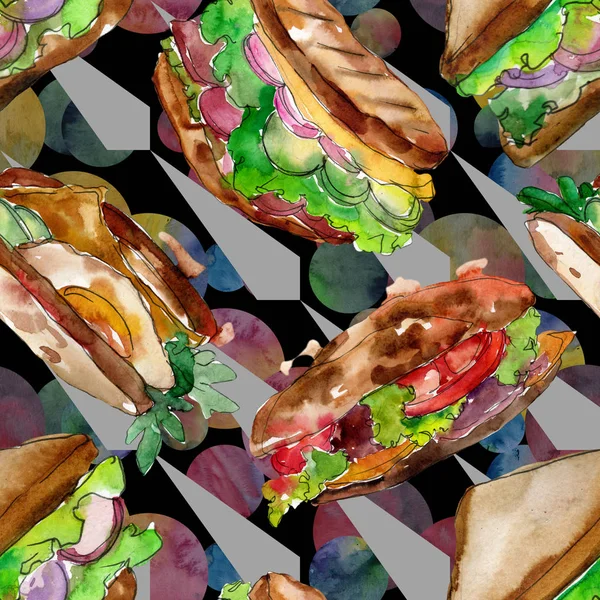 Sandwich en un estilo acuarela. Acuarela elemento ilustrativo de comida rápida. Patrón de fondo sin costuras . —  Fotos de Stock