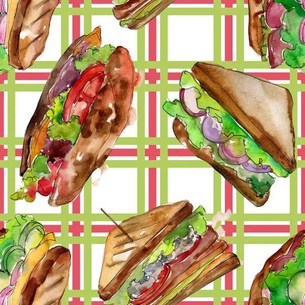 Sandwich à l'aquarelle. Illustration de restauration rapide aquarelle. Modèle de fond sans couture . — Photo