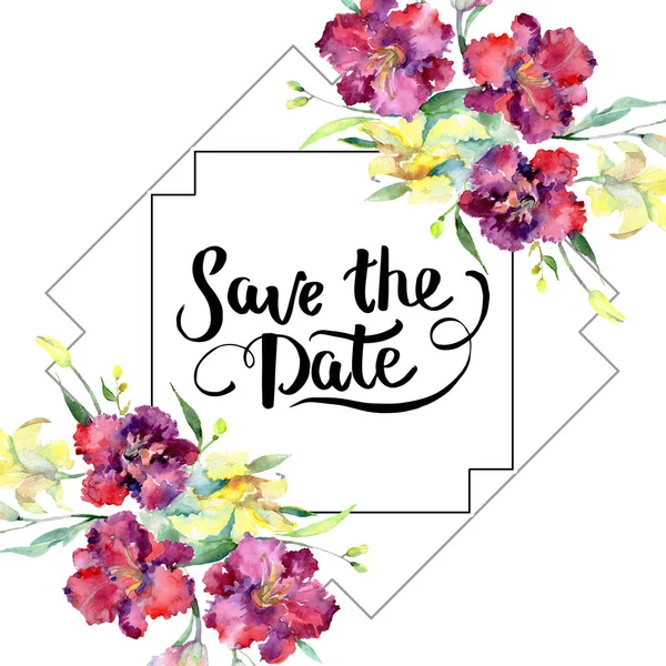 Sarı ve kahverengi lilyum çiçek buketi. Suluboya arka plan illüstrasyon küme. Çerçeve kenarlığı süsleme Meydanı.