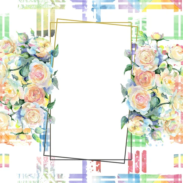 米色玫瑰花束植物花。水彩背景插图集。框架边框水晶装饰广场. — 图库照片
