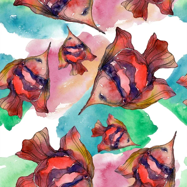Vermelho e azul aquático subaquático natureza recife de coral. Conjunto de ilustrações aquarela. Padrão de fundo sem costura . — Fotografia de Stock
