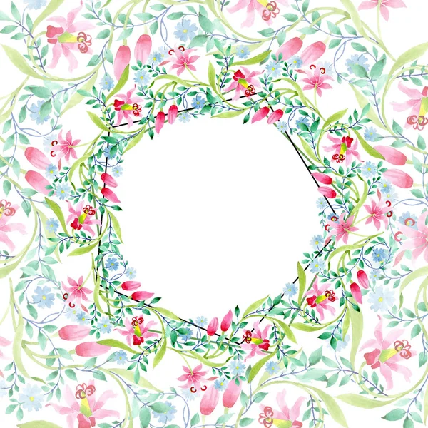 Ornament pink and blue floral botanical flowers. Watercolor background illustration set. Frame border ornament square. — Stock Photo, Image