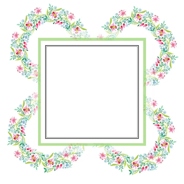 Ornamento fiori botanici floreali rosa e blu. Acquerello sfondo illustrazione set. Quadrato ornamento bordo cornice . — Foto Stock