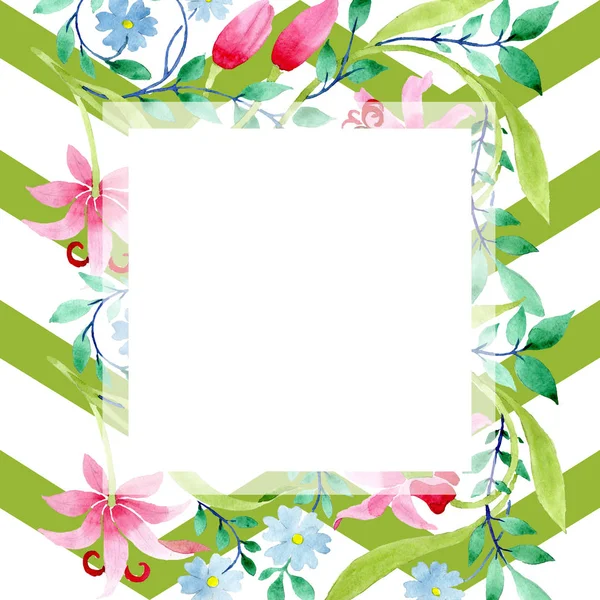 Ornament pink and blue floral botanical flowers. Watercolor background illustration set. Frame border ornament square. — Stock Photo, Image