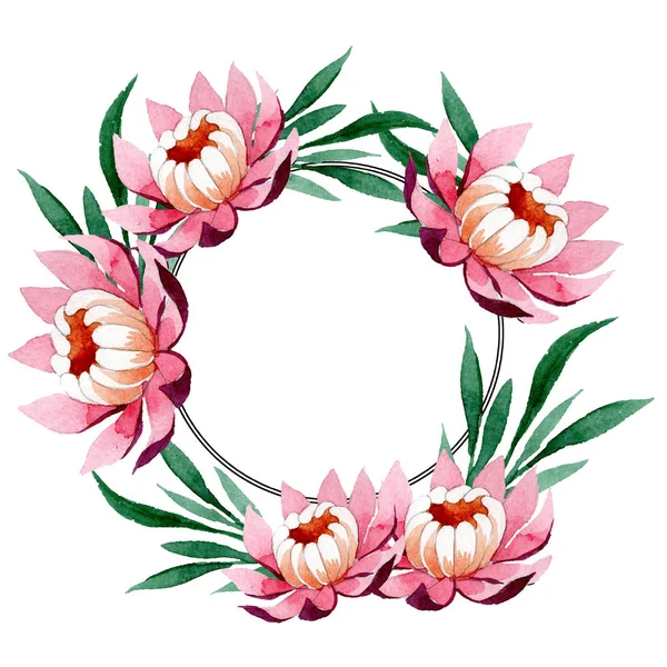 Розовый лотос украшение цветочный ботанический цветок. Набор акварельных фонов. Граничный орнамент . — стоковое фото
