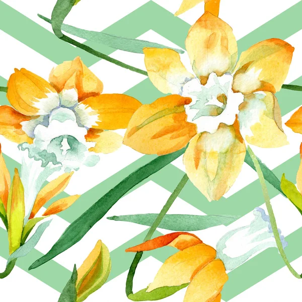 Gula narcisser blommig botaniska blomma. Akvarell bakgrund illustration set. Sömlös bakgrundsmönster — Stockfoto