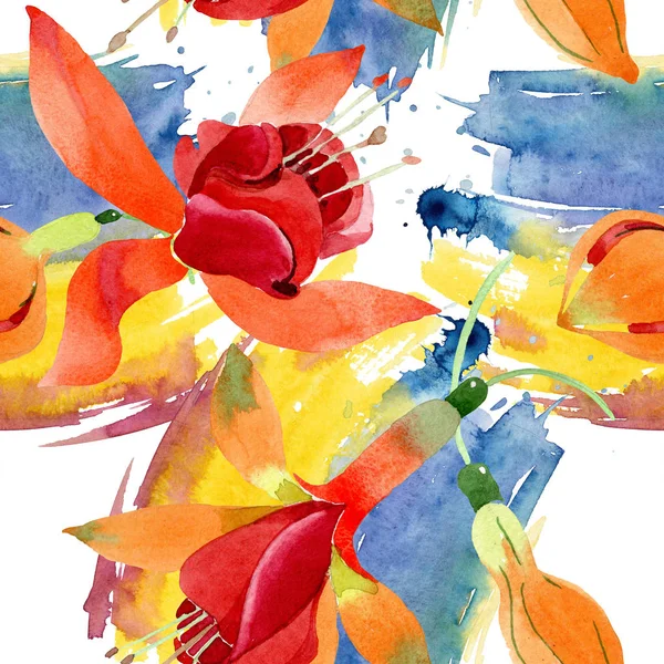 Kırmızı turuncu fuşya botanik çiçek. Suluboya arka plan illüstrasyon küme. Sorunsuz arka plan deseni.