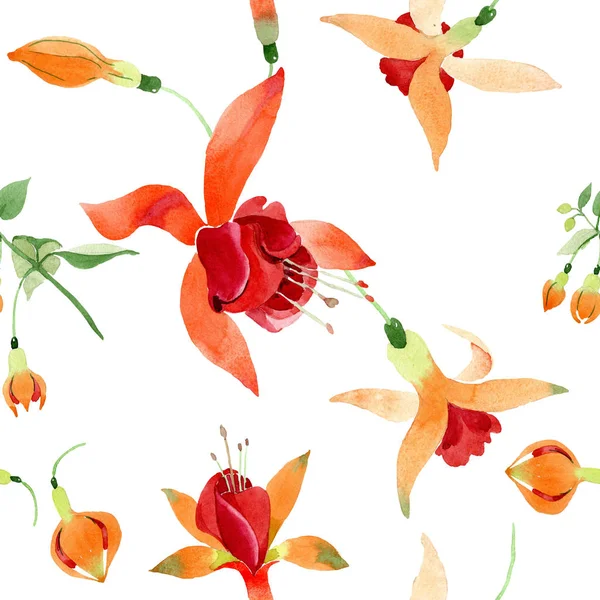 Rode oranje fuchsia bloemen botanische bloem. Aquarel achtergrond afbeelding instellen. Naadloze achtergrondpatroon. — Stockfoto