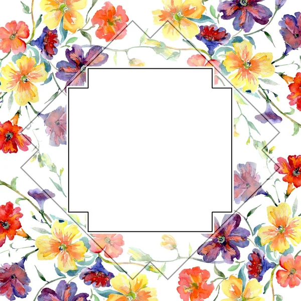 Buket kırmızı ve sarı çiçek botanik çiçekler. Suluboya arka plan illüstrasyon küme. Çerçeve kenarlığı süsleme Meydanı.