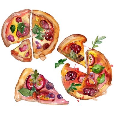 Fast food itallian pizza suluboya stil kümesindeki. Aquarelle gıda resimde arka plan için. İzole pizza öğesi.