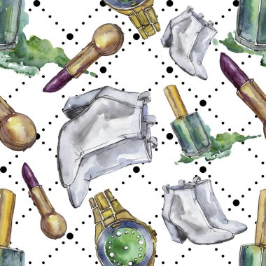 Moda kroki glamour çizimde bir suluboya stil izole öğesi. Sorunsuz arka plan deseni.