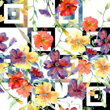 Buket kırmızı ve sarı çiçek botanik çiçekler. Suluboya arka plan illüstrasyon küme. Sorunsuz arka plan deseni.