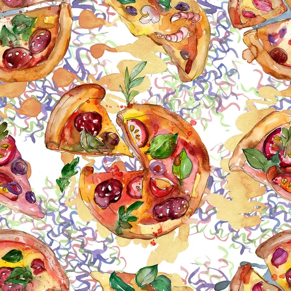 Fast Food italienische Pizza in einem Aquarell-Stil isoliert Set. Aquarell nahtloses Hintergrundmuster. — Stockfoto