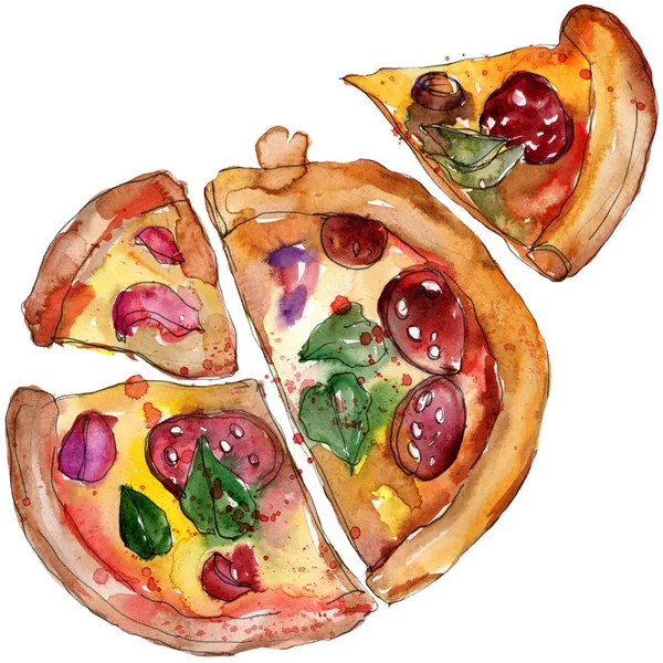 Fast food itallian pizza suluboya stil kümesindeki. Aquarelle gıda resimde arka plan için. İzole pizza öğesi. — Stok fotoğraf