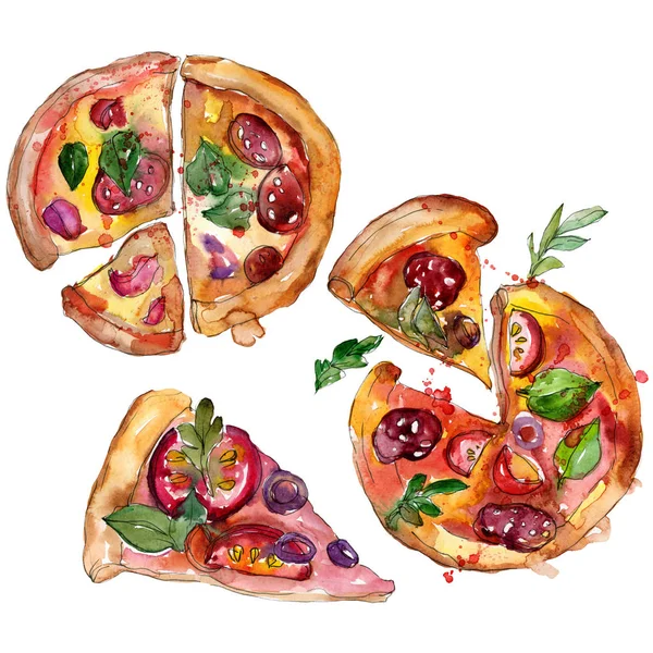 Fast food itallian pizza in a watercolor style set. Aquarelle food illustration for background. Isolated pizza element. — Stock Photo, Image