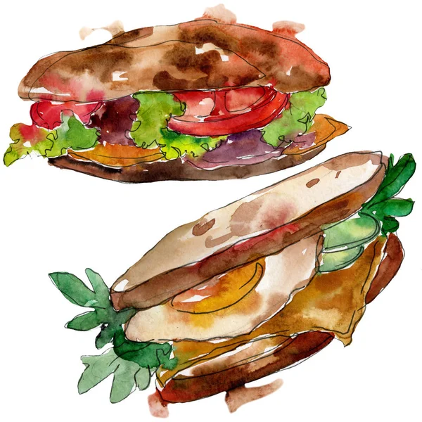 Sandwich en un conjunto aislado estilo acuarela. Acuarela elemento de ilustración de comida rápida sobre fondo blanco . —  Fotos de Stock