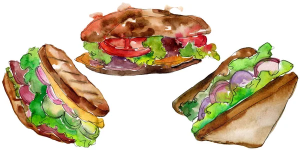 Sandwich en un conjunto aislado estilo acuarela. Acuarela elemento de ilustración de comida rápida sobre fondo blanco . — Foto de Stock