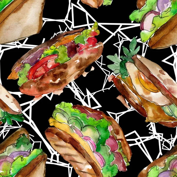 Sandwich en un estilo acuarela. Acuarela elemento ilustrativo de comida rápida. Patrón de fondo sin costuras . — Foto de Stock