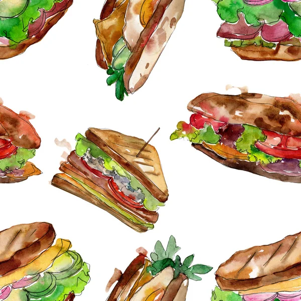 Sandwich in een aquarel stijl. Aquarel fastfood illustratie element. Naadloze achtergrondpatroon. — Stockfoto