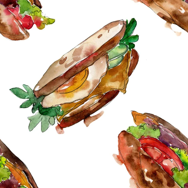 Сэндвич в акварельном стиле. Элемент иллюстрации быстрого питания акварелью. Бесшовный рисунок фона . — стоковое фото