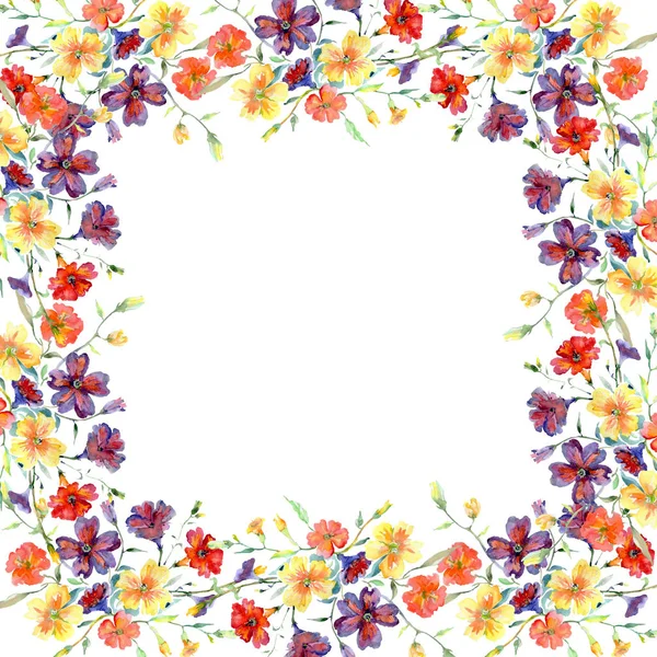 Bouquet fiori botanici floreali rossi e gialli. Acquerello sfondo illustrazione set. Quadrato ornamento bordo cornice . — Foto Stock