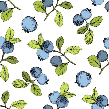 Vektör Blueberry Yeşil ve mavi mürekkep sanat kazınmış. Çilek ve yeşil yaprakları. Sorunsuz arka plan deseni.