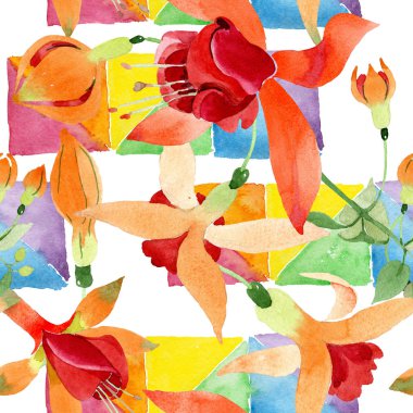 Kırmızı turuncu fuşya botanik çiçek. Suluboya arka plan illüstrasyon küme. Sorunsuz arka plan deseni.