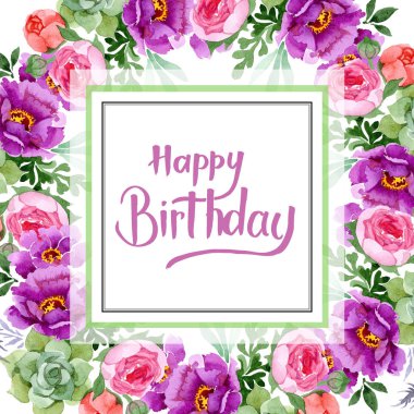 Şakayık ve etli buket botanik çiçek. Suluboya arka plan illüstrasyon küme. Çerçeve kenarlığı süsleme Meydanı.