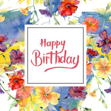 Buket kırmızı ve sarı çiçek botanik çiçekler. Suluboya arka plan illüstrasyon küme. Çerçeve kenarlığı süsleme Meydanı.