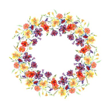 Buket kırmızı ve sarı çiçek botanik çiçekler. Suluboya arka plan illüstrasyon küme. Çerçeve kenarlığı süsleme Meydanı.