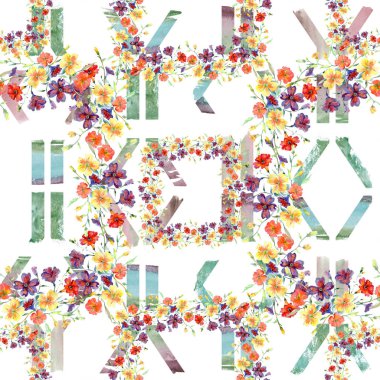 Buket kırmızı ve sarı çiçek botanik çiçekler. Suluboya arka plan illüstrasyon küme. Sorunsuz arka plan deseni.