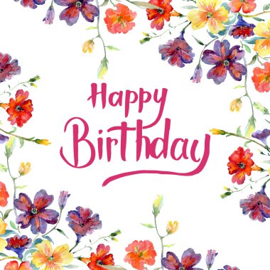 Buket kırmızı ve sarı çiçek botanik çiçekler. Suluboya arka plan illüstrasyon küme. Çerçeve kenarlığı süsleme Meydanı.