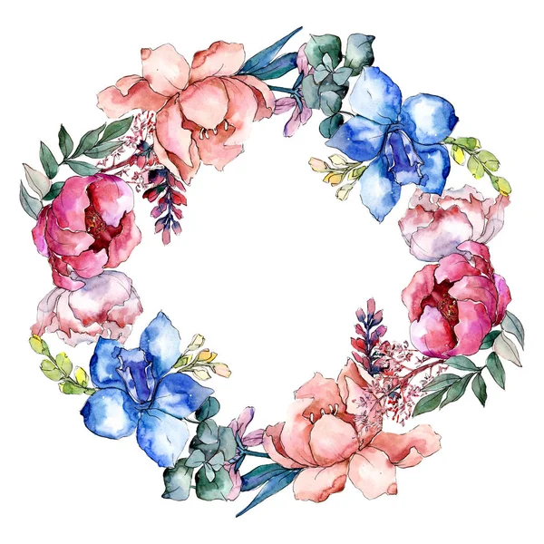 Ramos de peonía flor botánica floral. Conjunto de ilustración de fondo acuarela. Marco borde ornamento cuadrado . — Foto de Stock