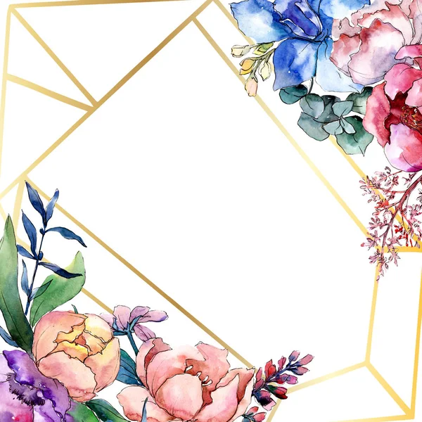 Bouquets de pivoines de fleurs botaniques. Ensemble d'illustration de fond aquarelle. Cadre bordure cristal ornement carré . — Photo