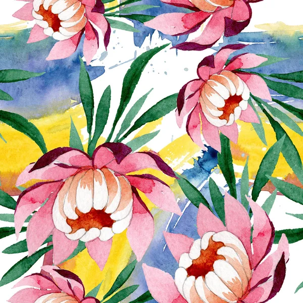 핑크 로터스 장식 꽃 식물 꽃입니다. 수채화 배경 그림 설정 합니다. 원활한 배경 패턴. — 스톡 사진
