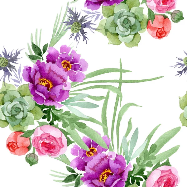 Peony en sappig boeket bloemen botanische bloem. Aquarel illustratie set. Naadloze achtergrondpatroon. — Stockfoto