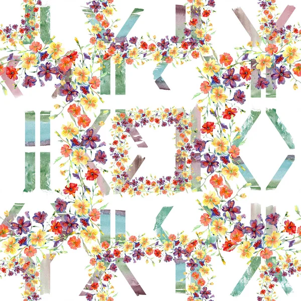 Buket kırmızı ve sarı çiçek botanik çiçekler. Suluboya arka plan illüstrasyon küme. Sorunsuz arka plan deseni.