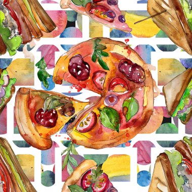 Bir suluboya tarzında sandviç. Suluboya lokanta illüstrasyon öğesi. Sorunsuz arka plan deseni.