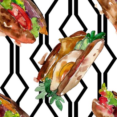 Bir suluboya tarzında sandviç. Suluboya lokanta illüstrasyon öğesi. Sorunsuz arka plan deseni.